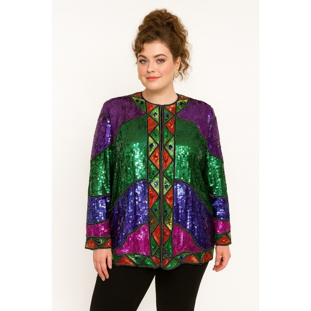 Vintage 80s‎ Anjumun L Bright Colorful Art Deco Sequined Cardigan Drag Stage